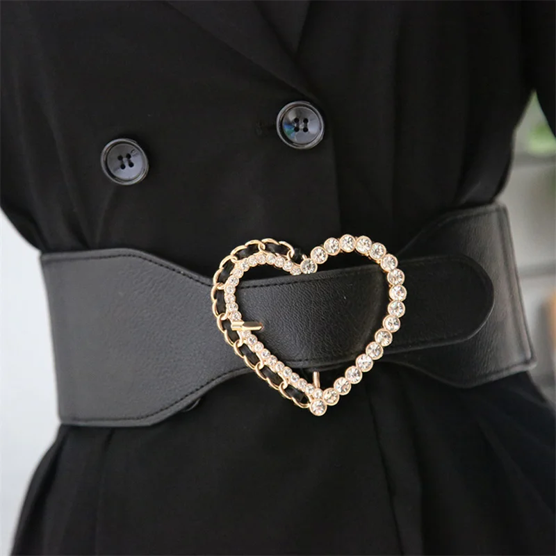 New Style Elastic Wide Belt For Women Rhinestone Heart Buckle Waist Straps Luxury Designer Brand Coat Dress Decorative Waistband