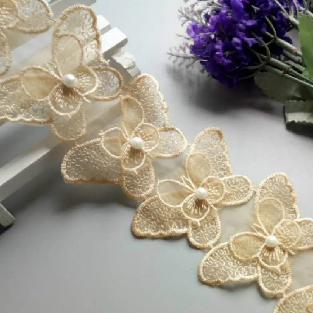 1 ярд Золотая Бабочка бант жемчужная вышитая кружевная отделка ткань лента