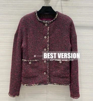 best version luxury branded coats and jackets women woven soft wine red tweed wool coat logoed buttons jacket with silk lining