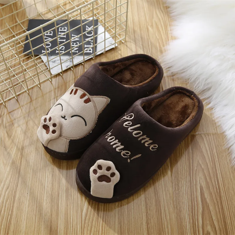 Women Winter Home Slippers Unisex Cartoon Cat Shoes Non-slip Soft Winter Warm House Slippers Indoor Bedroom Couples Floor Shoes