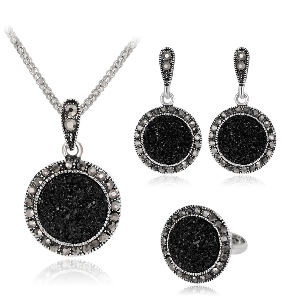 

Black Crystal Rhinestones Round Earrings Necklace Ring Adjustable Ring Set Silver Color Elegant Lady Wedding Bridal Jewelry Sets