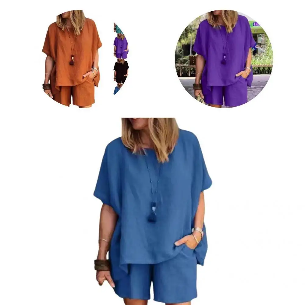 

2Pcs/Set Comfy Ladies Suit Soft Streetwear Women Outfits Pure Color Top Shorts Suit