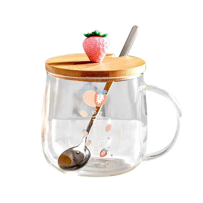 

Factory direct selling mug cartoon lovely strawberry wind glass with Lid transparent breakfast coffee milk cups and mugs