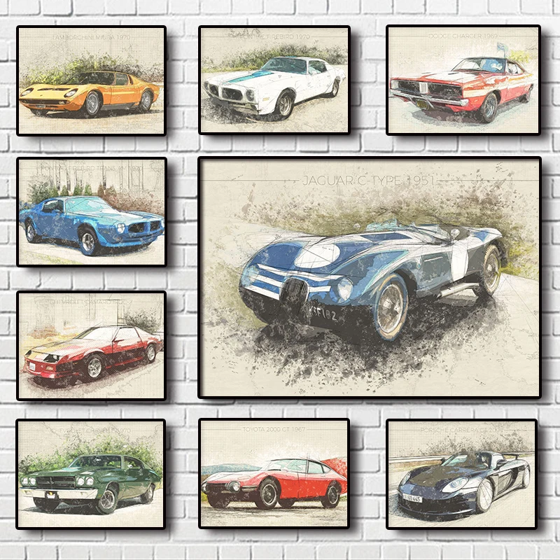 

nordic sketch hand drawn retro Style car Art Home Wall Decoration Canvas Poster Aesthetics Living automobile Classic Picture