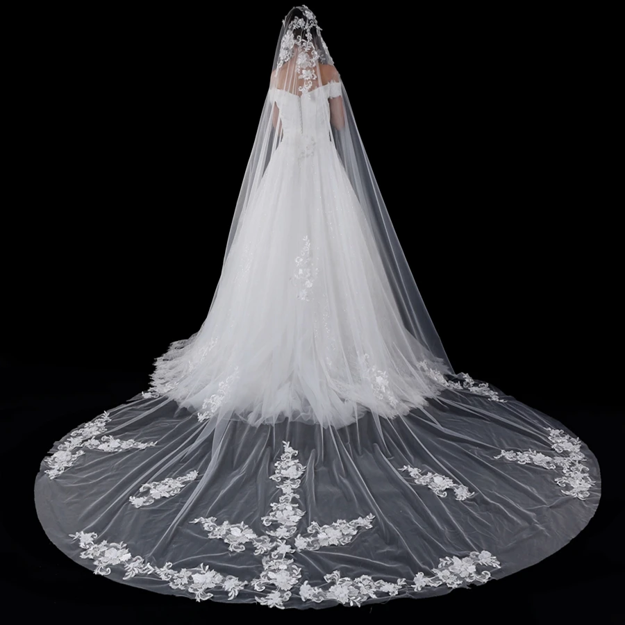 

New Arrival Cathedral Wedding veil Lace Appliques White Ivory Bride veils for women wedding accessories Welon Bridal veil noiva