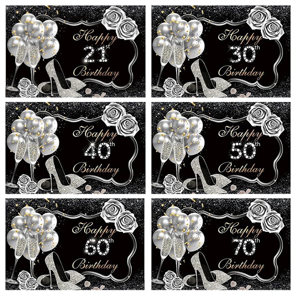 

Customezed Black and Silver High Heel Rose 21st 30th 40th 50th 60th 70th Birthday Backdrop Party Banner Photo Booth Background