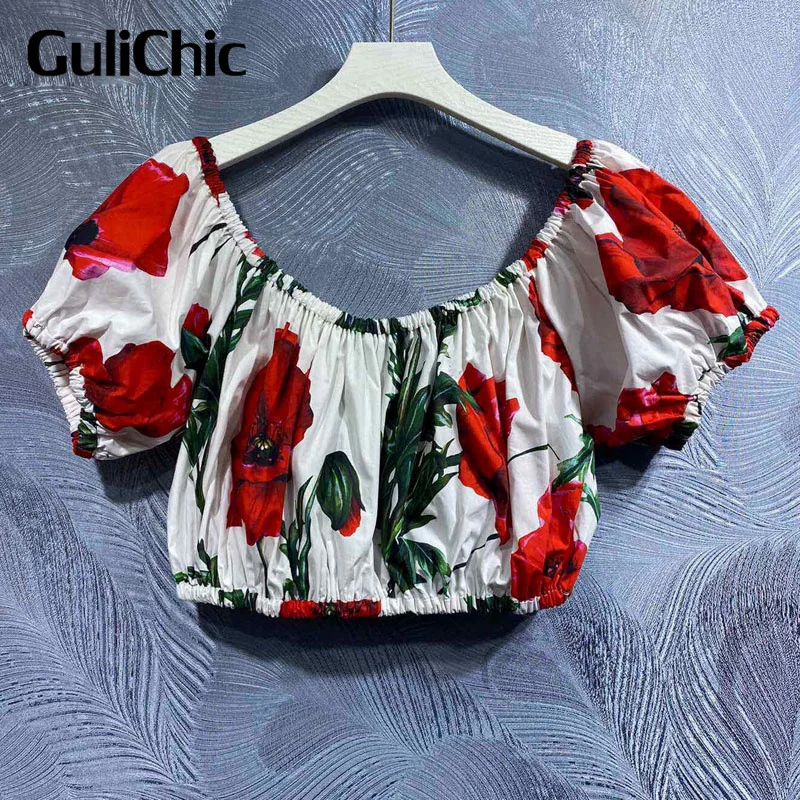 

4.20 GuliChic Women Sweet Flower Print Puff Sleeve Elastic Folds Short Blouse Or High Waist Slim Midi Skirt Fashion Set