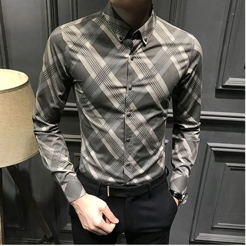 

Высококачественная Мужская одежда, роскошные рубашки в клетку с бриллиантами, Повседневная Формальная дышащая деловая Классическая рубашка, топы H09