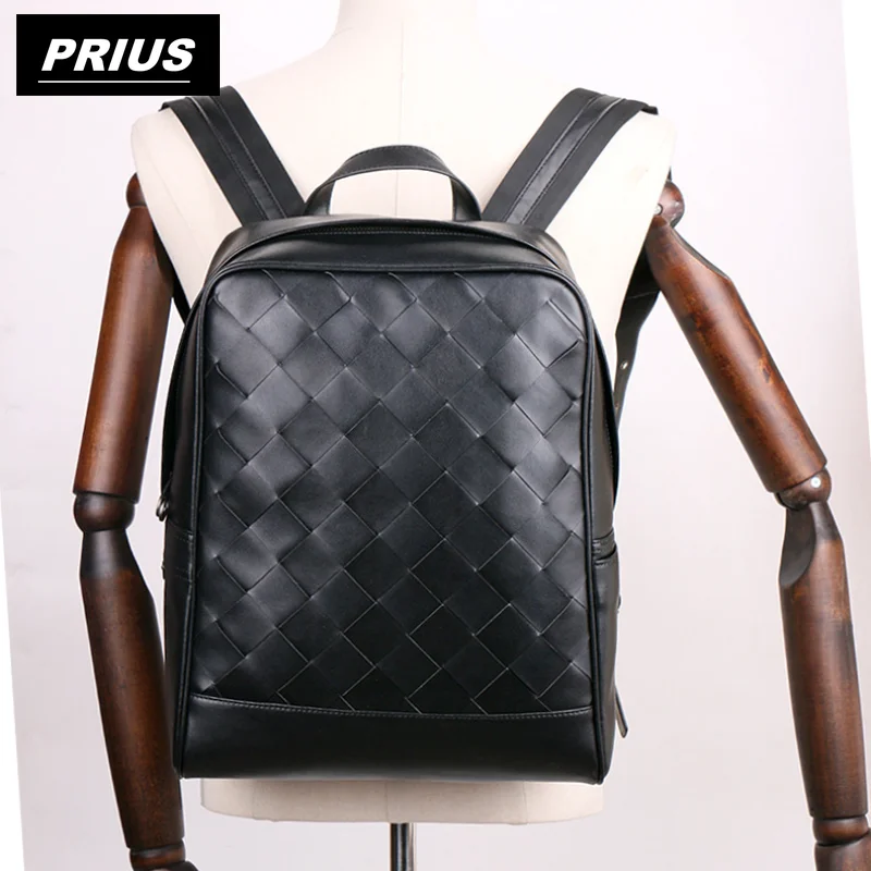Luxury brand 100% leather woven men's bag backpack large capacity men's bag computer bag leather travel bag schoolbag