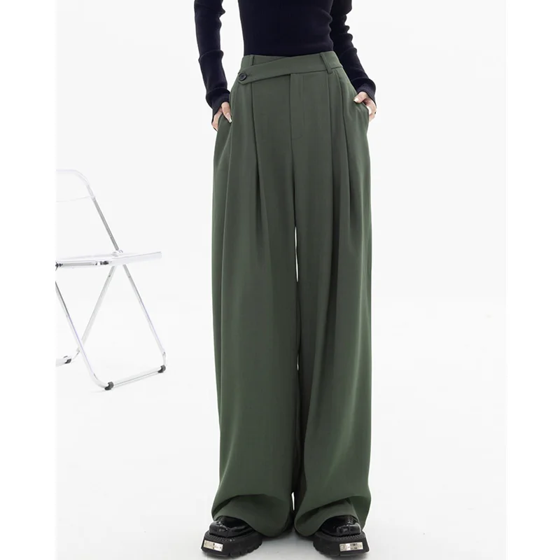 

Women's 2022 New High Sense Green Straight Cylinder Sagging Sensation Broad Leg Suit Pants Baggy Temperament Casual Pants Autumn