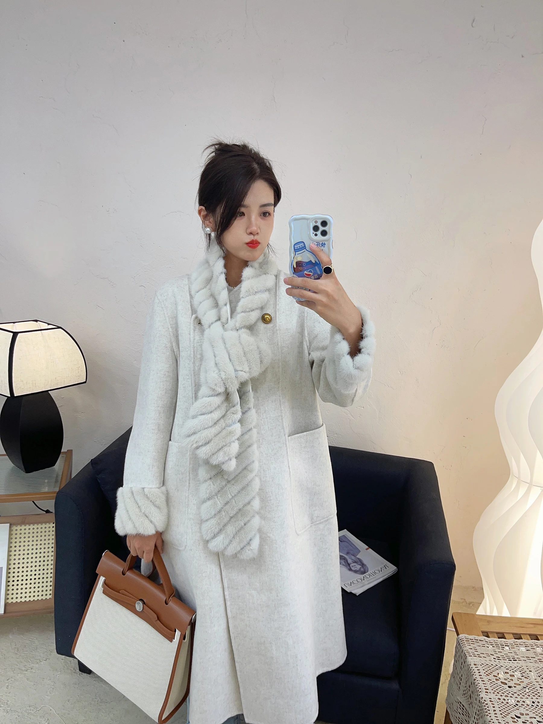 

Роскошная женская шерстяная ветровка с воротником из натурального меха норки и меховыми манжетами, Офисная Женская зимняя элегантная Длинная шерстяная шуба AS907