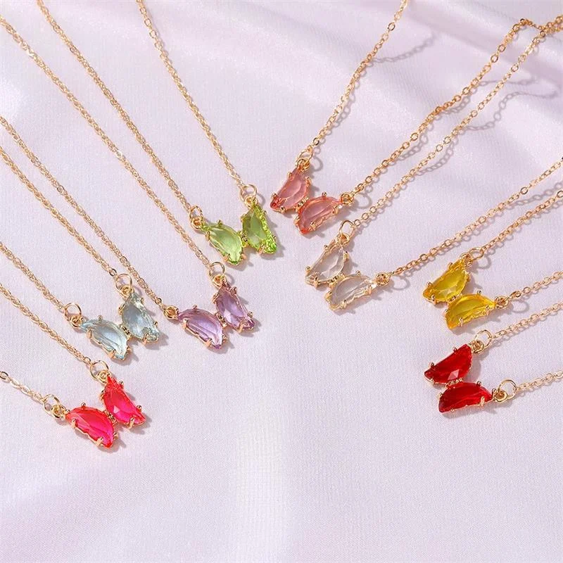 

YDL Trendy Colorful Butterfly Necklaces For Women Crystal Butterfly Pendant Chain Necklace Korean Style Fashion Party Jewelry