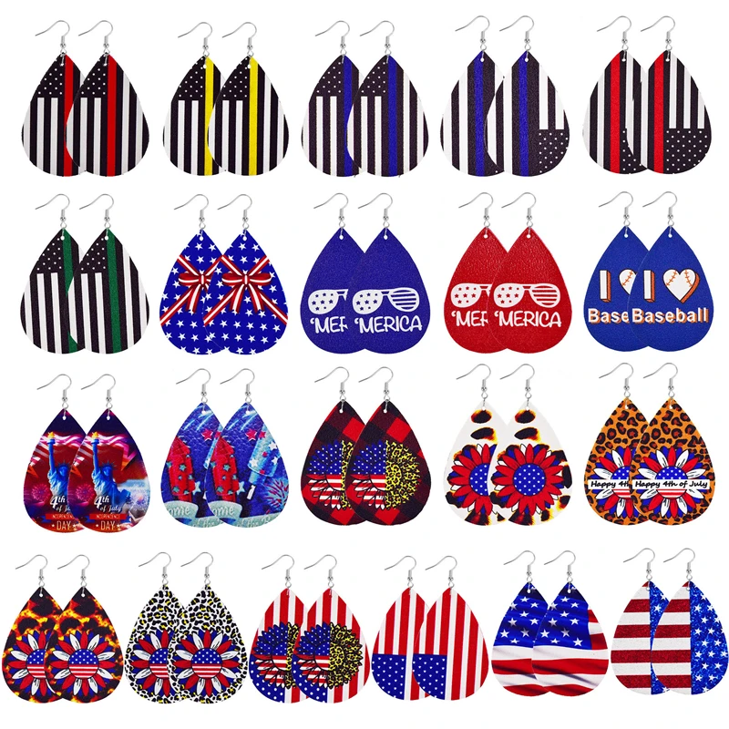 

2PCS 4th of July Independence Day Patriotic Decor Eardrop Earbob Fashion Versatile USA Flag Stripe Leather Water Drop Earrings