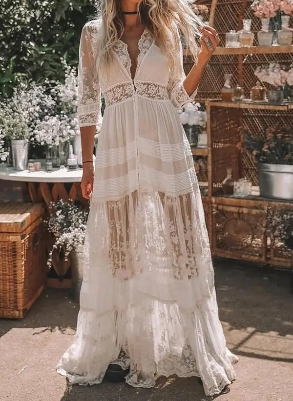 

Женское кружевное платье-макси с V-образным вырезом и коротким рукавом