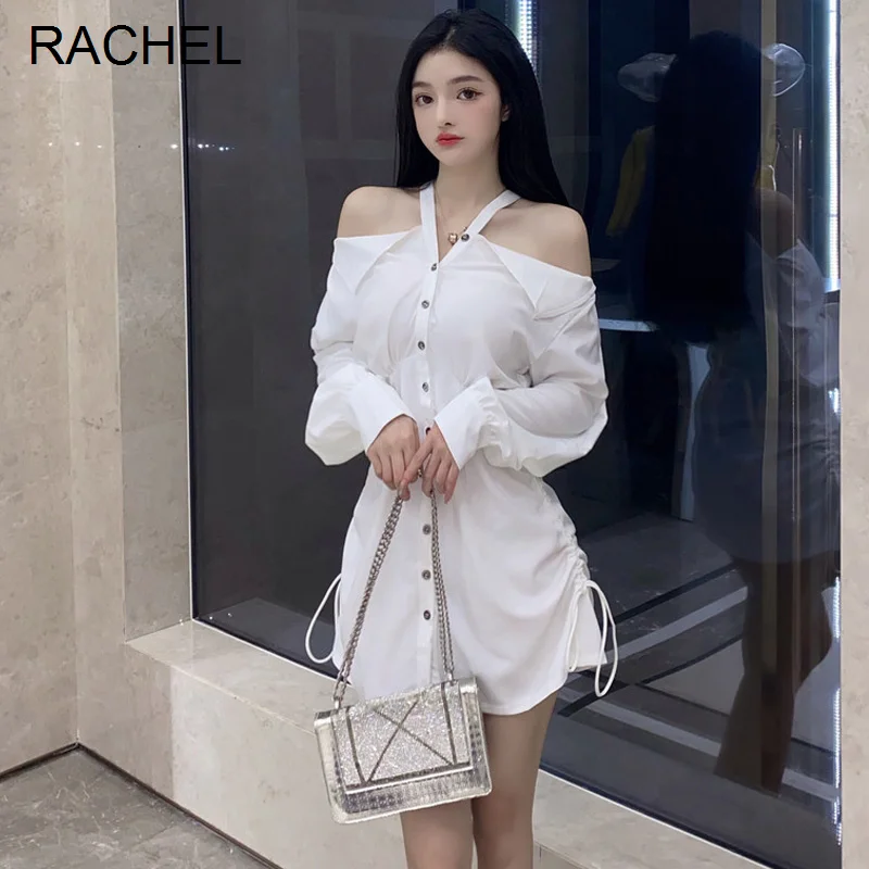 

Осеннее популярное онлайн платье-рубашка для девушек с открытыми плечами и длинным рукавом, однобортное платье-рубашка, облегающее платье, ...