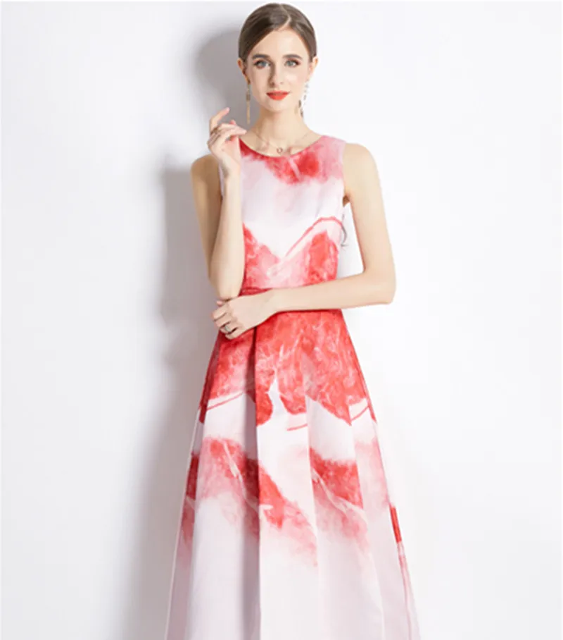 

Fashion Runway Summer Midi Dress Women Tank Sleeveless Retro Print Slim High Waist Party Dress Female Pleated A Line Dress G513