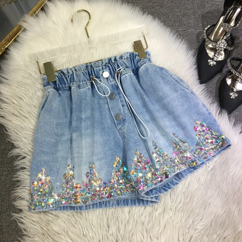 Short Jeans Women 2023 Summer A- Line Shorts Heavy Industry Beads Jeans Female Light Blue Elastic Waist Wide-Leg Pants Female