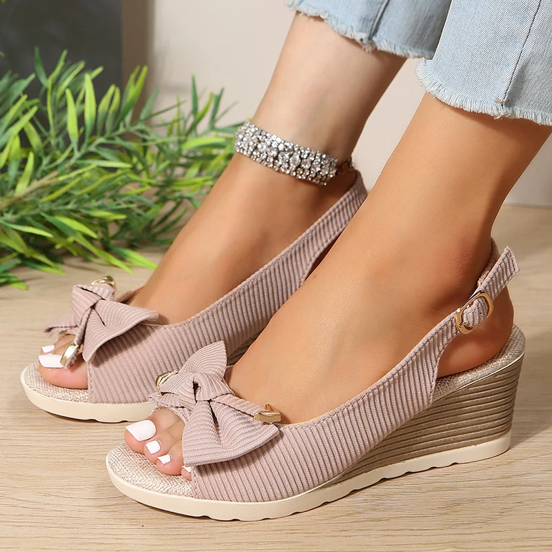 Bowknot Ladies Wedge Sandals 2023 Summer Patchwork Platform Sandles Women Back Strap Plus Size Sandalias Mujer 36-42