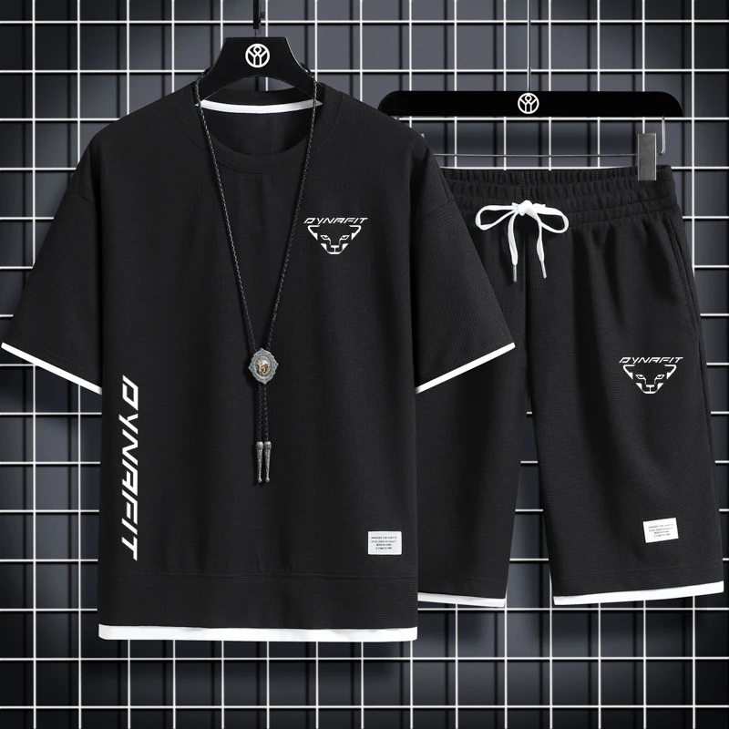 DYNAFIT Men's Two Piece Set Linen Fabric Casual T-Shirt And Shorts Set Mens Sports Suit Fashion Short Sleeve Tracksuit Men Suits