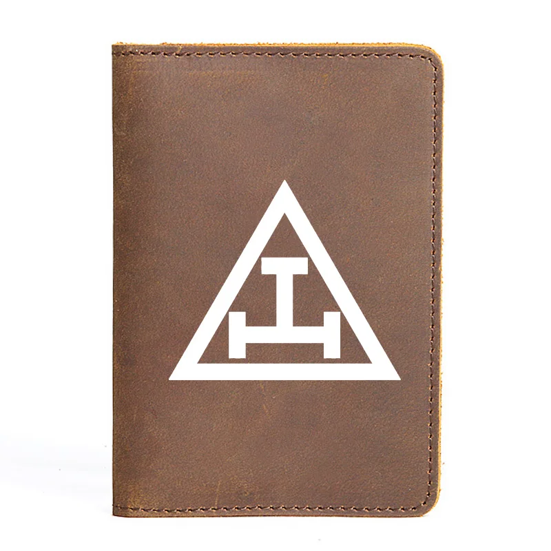 Genuine Leather Passport Cover Mason Triangle Symbol Vintage Slim ID Card Holder Pocket Case Travel Wallet BX866