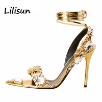 gold sandals women high heels pointed toe crystal fashion pumps ladies thin high ankle strap sexy shoes pumps sandales femmes