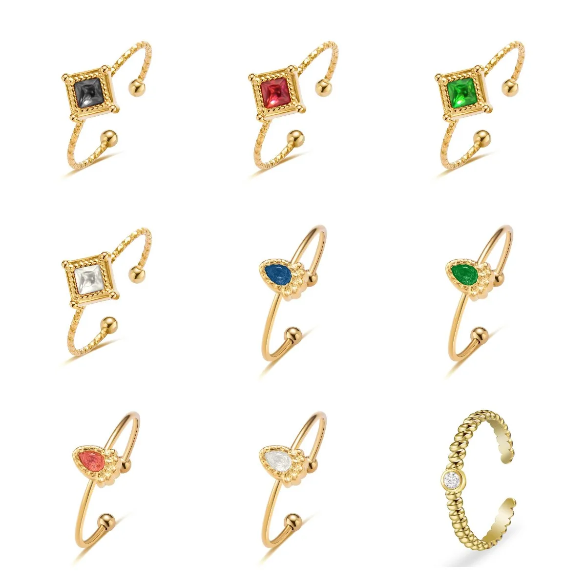 

Vintage Gold Plated For Women Water Drop Natural Stone Twist Circle Bead Knuckle Midi Finger Opening Rings Boho Jewelry