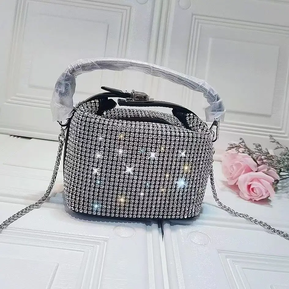 

Silver Rhinestone Box Handbags 2023 New Luxury Fashion Cute Chain Lipstick Shiny Diamonds Shoulder Crossbody Bag High Quality
