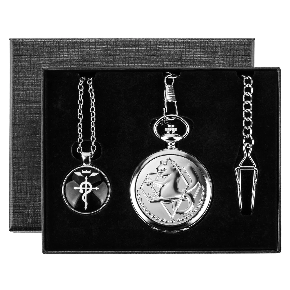 Quartz Pocket Watch for Men Retro Tone Fullmetal Necklace Pocket Watch Gifts Sets for Male Anime Cosplay Pendant Clock Reloj