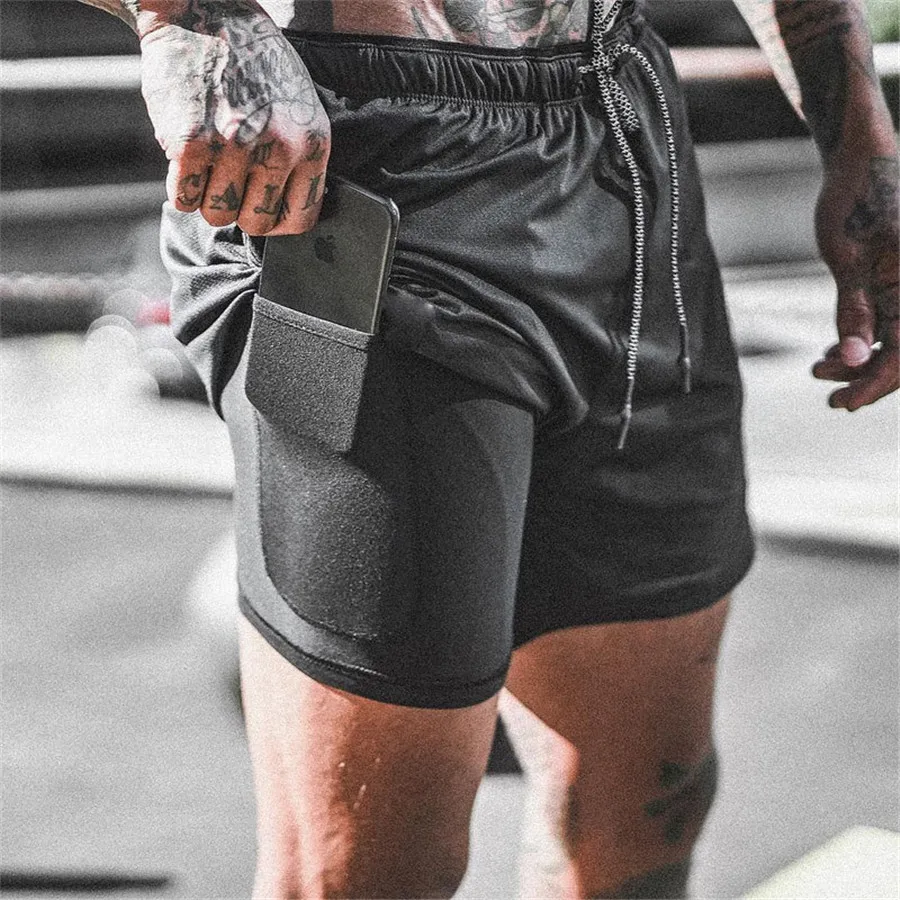 Men Sport Shorts 2 In 1 Running Shorts Double-deck Workout Sportswear Gym Fitness Training Jogging Pants Summer Beach Bottoms