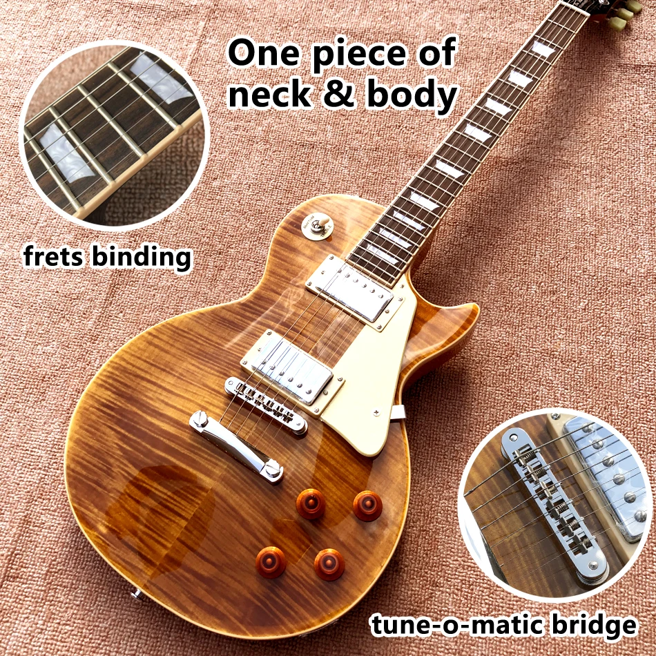 

One piece of neck and body electric guitar, frets binding, Tune-o-Matic bridge, Solid mahogany body, Brown burst maple top