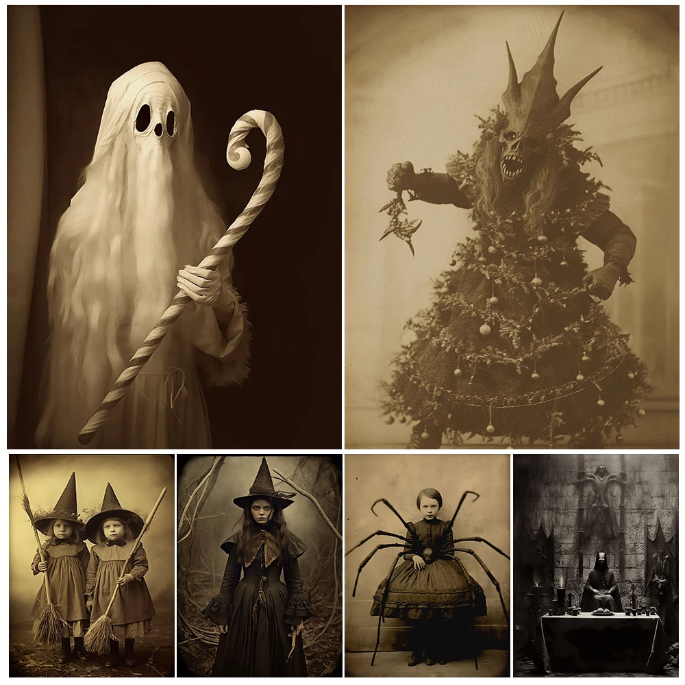 

Baphomet Throne Cleric & Candy Cane Ghost Vintage Wall Art Canvas Painting Creepy Spider Girl&Witch Victorian Art Poster Print