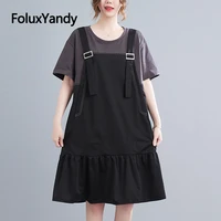 casual women suspenders dress patchwork ruffles one piece loose short sleeve dress black nqyl280