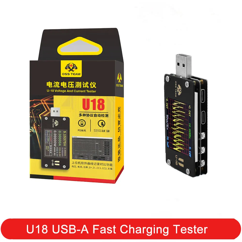

Тестер быстрой зарядки КОМАНДА OSS U18 USB-A Ток и напряжение Автоматическое обнаружение нескольких протоколов быстрой зарядки