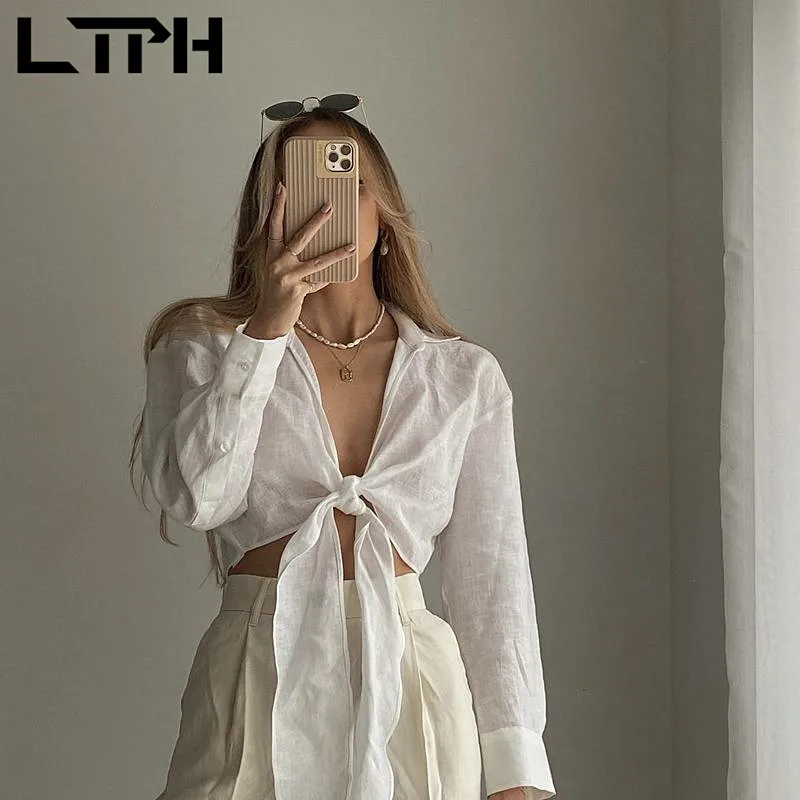 

LTPH sexy open stitch knotted white shirt women vintage streetwear cropped long sleeve tops statement blouse 2022 summer new