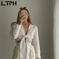 ltph sexy open stitch knotted white shirt women vintage streetwear cropped long sleeve tops statement blouse 2022 summer new