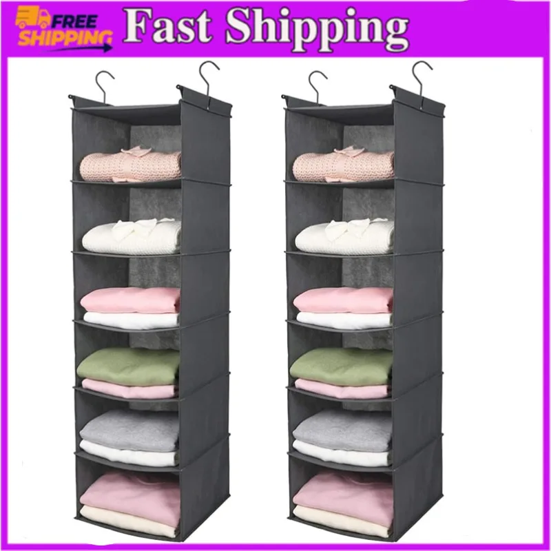 

6 Tier Shelf Hanging Closet Organizer, Closet Hanging Shelf with 2 Sturdy Hooks for Storage,2 Pack, Foldable (Grey)