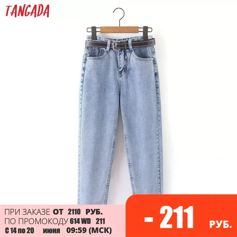 

Tangada 2021 fashion women mom jeans pants with belt long trousers strethy waist pockets zipper female pants HY41