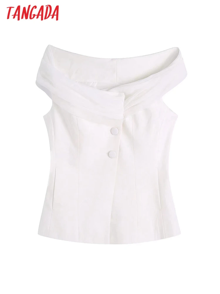 

Tangada Women 2021 Fashion White Mesh Patchwork Off Shoulder Vest Female Waistcoat Chic Tops CE128