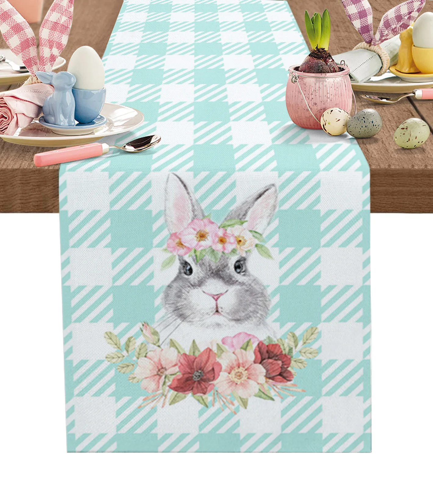 

Пасхальный клетчатый кролик Акварельные Цветы настольная дорожка Свадебный декор подставка весенвечерние вечеринка для дома кухни Столовые искусства