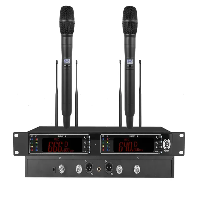 

JP-828 True Diversity Wireless Microphone Long Distance 500 Meters Two Channels Microphone Metal 12V Noise Cancelling Gua 110db