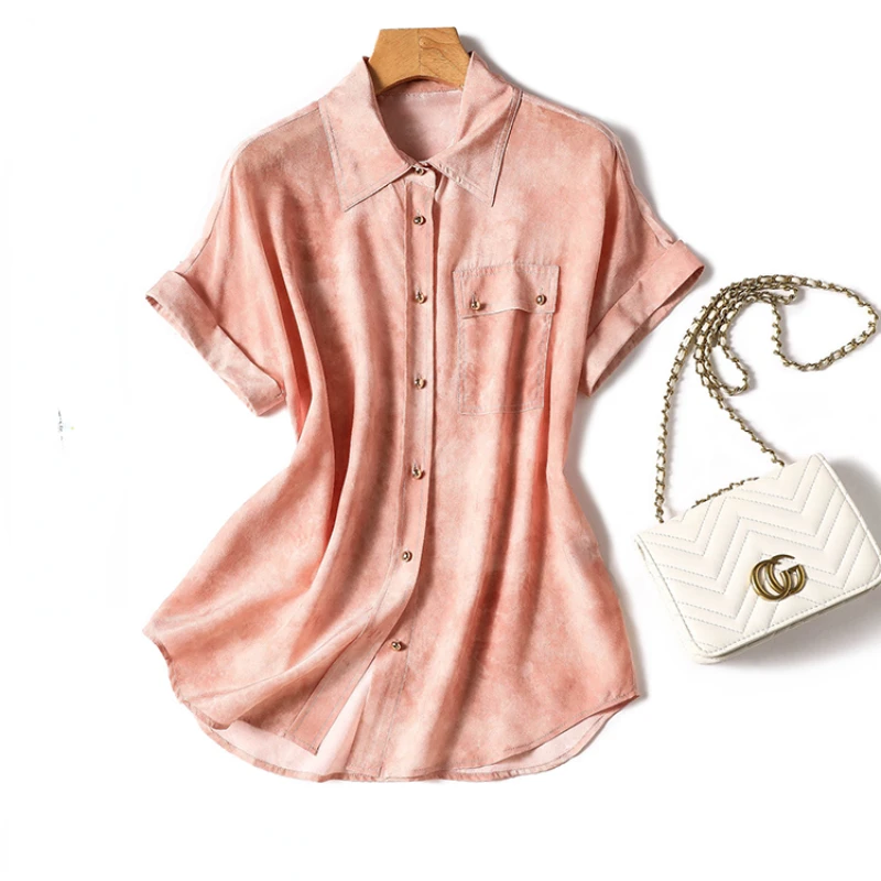 

Silk Shirt Women Summer 2023 New Solid Satin Casual Blouses Loose Short Sleeve Denim Style Top Turn-down Collar YCMYUNYAN