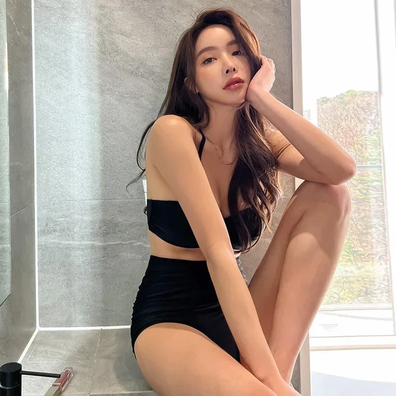 Сексуальный черный корейский бикини с высокой талией комплект из 3 купальников