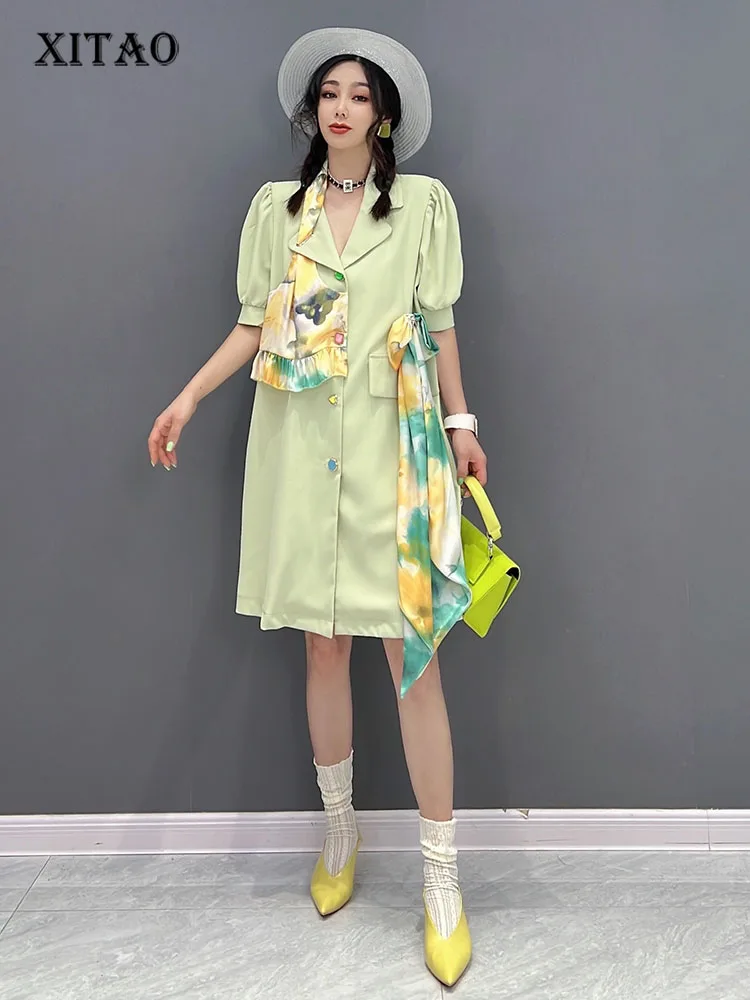 

XITAO Single Breast Dress Fashion Patchwork Half Sleeve Goddess Fan Casual Style Print Pattern 2022 Summer Loose Dress WMD6670