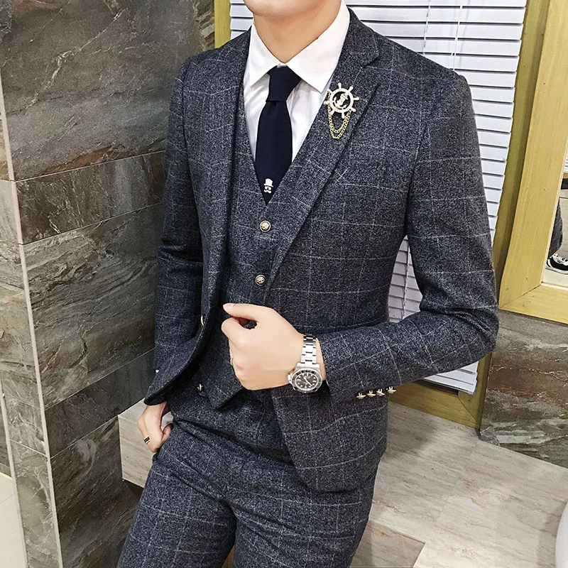

( Jackets + Vest + Pants ) 2022 New Men's Fashion Boutique Plaid Formal Business Suit / High-end Brand Groom Wedding Dress Suit