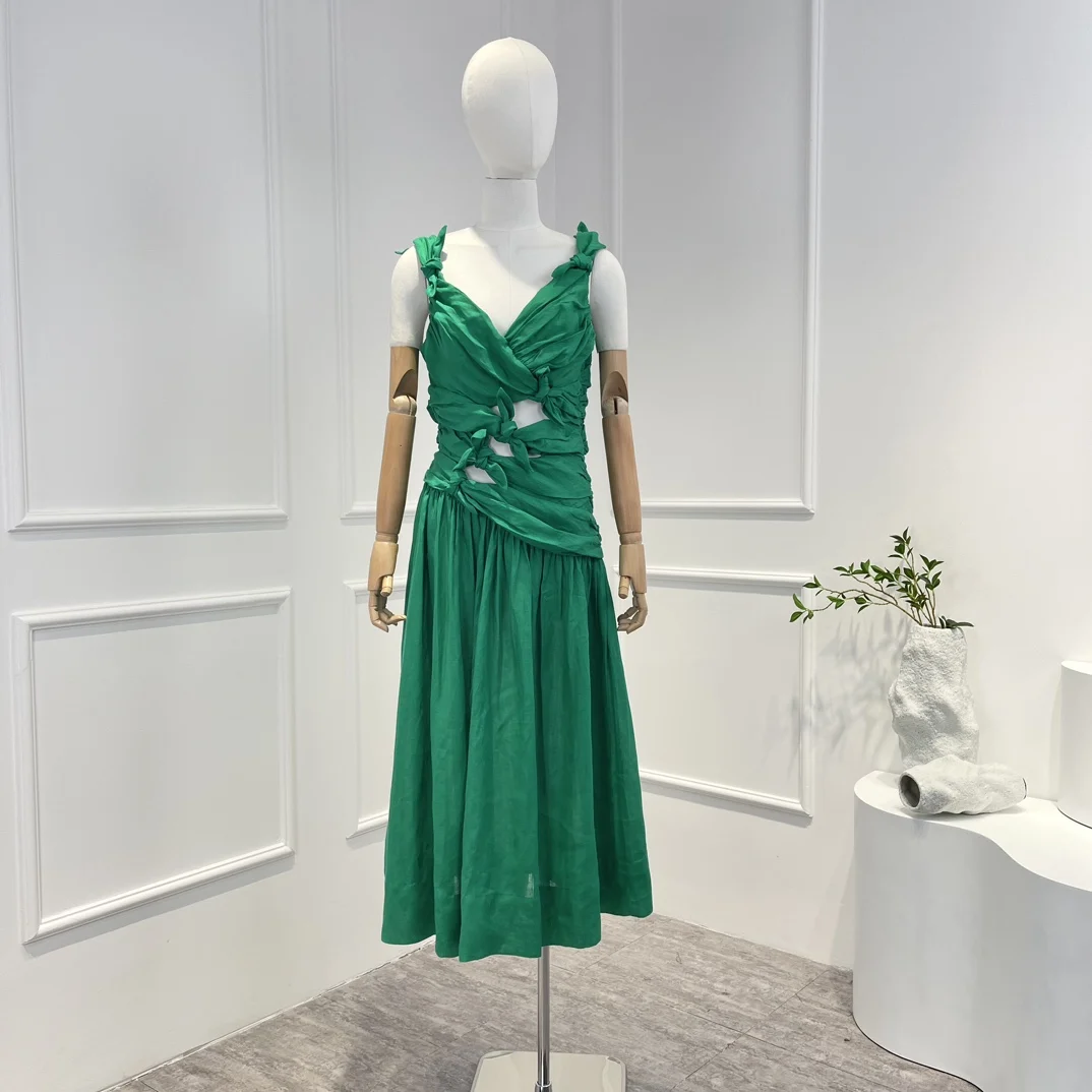 

2023 Spring Summer Latest Top Quality Floral Printing Asymmetrical Folds Bows Midi Dresses Women