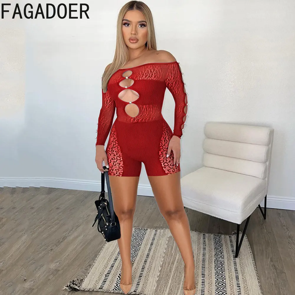 FAGADOER Sexy Hollow Out Bodycon Rompers Women Long Sleeve Mesh Patchwork Jumpsuits Female Slim One Piece Nightclub Playsuits
