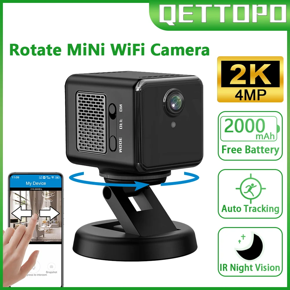 

Qettopo 2K 4MP WIFI Rotate Mini Camera AI Human Auto Tracking 5X Zoom 120° Wide Angle Built-in Battery Night Vision PTZ Camera