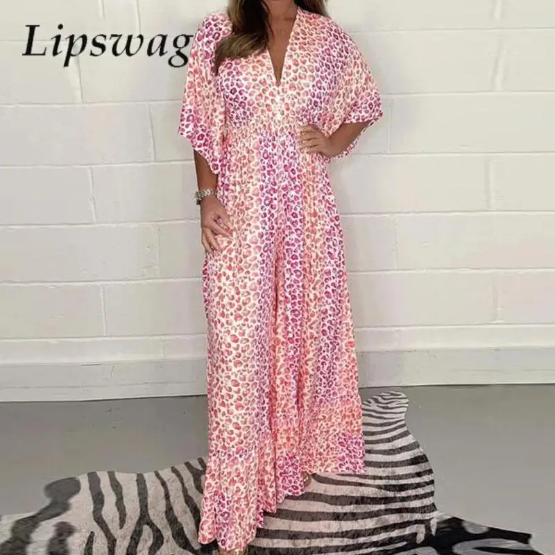 

Sexy V Neck Short Sleeve Jumpsuit Playsuit Women Casual Wide Leg Ruffled Hem Romper Fashion Pink Leopard Summer Jumpsuit Overall