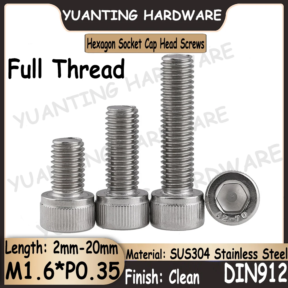 

50Pcs M1.6*P0.35x2mm-20mm DIN912 SUS304 Stainless Steel Hexagon Socket Knurled Cap Head Tiny Screws Bolts with Full Thread