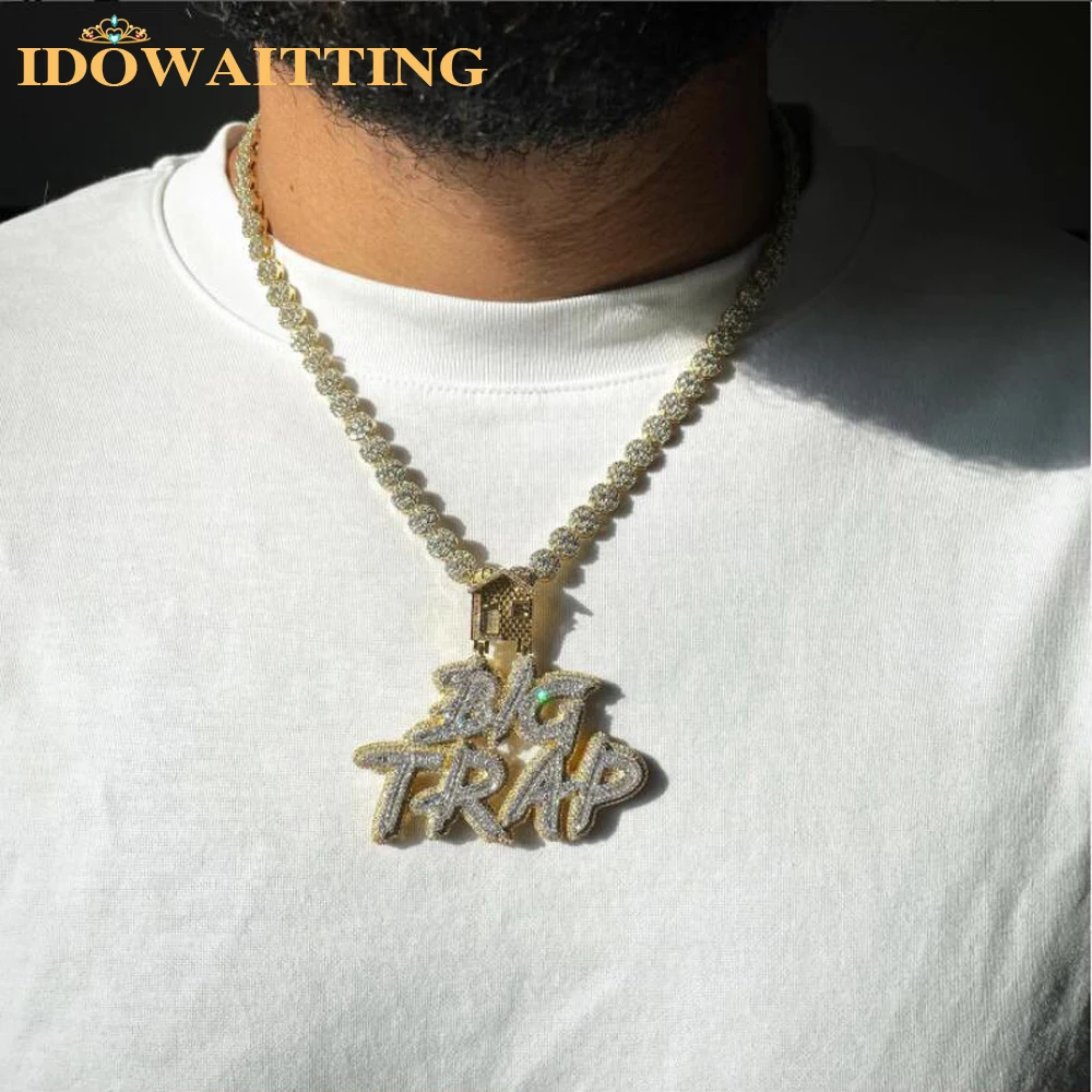 

Iced Out Bling 5A Cubic Zircon Full Paved Two Tone Big Trap House Pendant Necklace Words with Rope Tennis Chain Hip Hop Jewelry